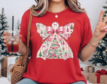 Christmas Tree Angel Shirt, Coquette Pink Bow Xmas T-Shirt, Whimsical Holiday Sweatshirt, Preppy Pink Christmas Tee, Merry Christmas Shirt