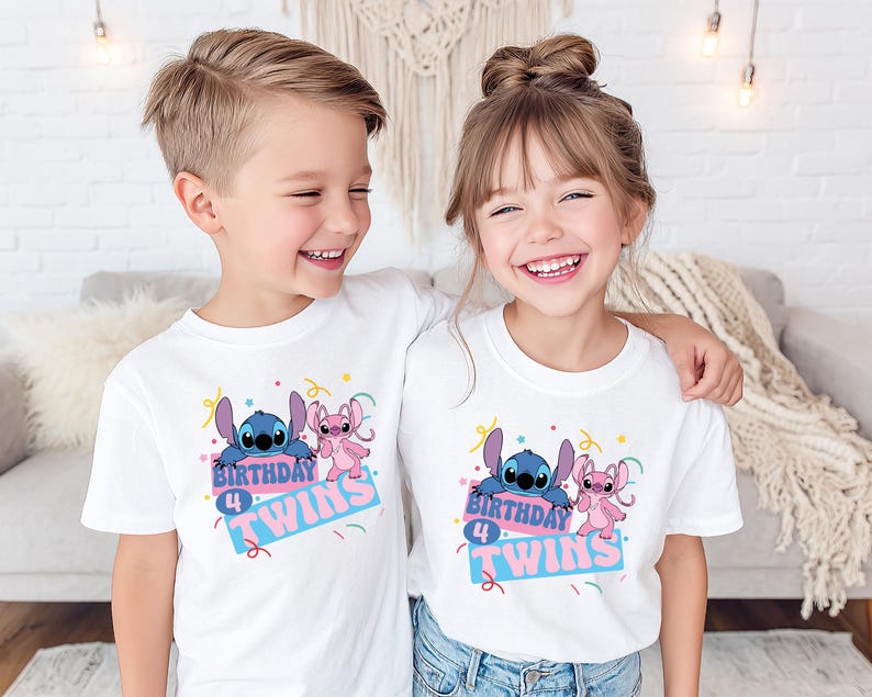 Disney Stitch Birthday Twins Shirt, Stitch and Angel Twins Birthday T-Shirt, Disney Family Matching Birthday Twins Tee, Birthday Crew Tee