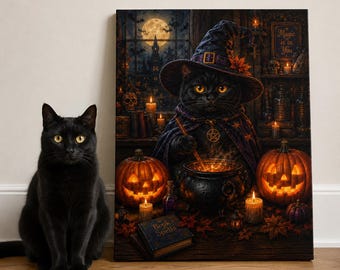 Halloween Black Cat Canvas Wall Art, Witch Cat Cauldron Poster, Gothic Spooky Season Decor, Cute Pagan Feline Gift, Autumn Pumpkin Painting