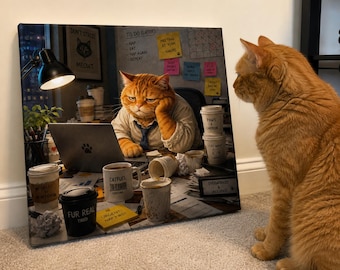 Funny Office Cat Canvas Wall Art Tired Orange Tabby Poster Overworked Co-worker Gift, Relatable Work from Home Decor Cute Cat Print