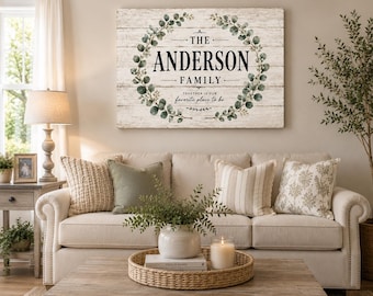 Personalized Family Name Sign Canvas, Custom Last Name Wall Art, Modern Farmhouse Decor, Eucalyptus Wreath Home Blessing, Housewarming Gift