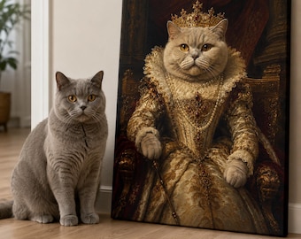 Royal Cat Portrait, Queen Cat Canvas Wall Art, Renaissance Cat Painting, Humorous Animal Decor, Unique Cat Lover Gift, British Shorthair Art
