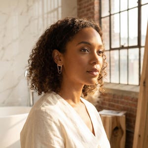 May include: A woman wearing gold chain earrings. The earrings have a small stud at the top with two delicate chains hanging down. The woman has curly brown hair and is wearing a cream-colored top. The background includes a window and brick wall.