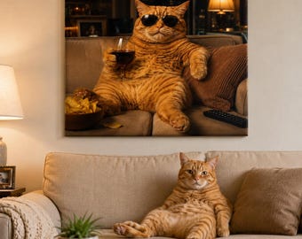 Funny Cat Wall Art, Cool Orange Tabby Canvas Print, Cat Sunglasses Wine Poster, Humorous Animal Decor, Unique Cat Lover Gift, Man Cave Art