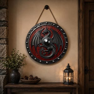 Puede incluir: Un escudo de pared circular con un fondo de veta de madera roja profunda y un relieve de dragón negro central con alas extendidas. El escudo está enmarcado por un borde negro con tachuelas plateadas y suspendido por una cuerda marrón gruesa.