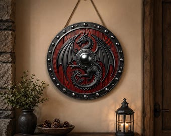 Dragon Door Sign, Round Dragon Wall Decor, Gothic Dragon Door Hanger, Fantasy Shield Wall Art, Medieval Decor, Dragon Lover Gift