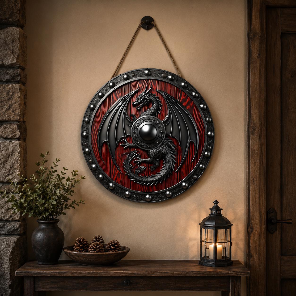 Dragon Door Sign, Round Dragon Wall Decor, Gothic Dragon Door Hanger, Fantasy Shield Wall Art, Medieval Decor, Dragon Lover Gift