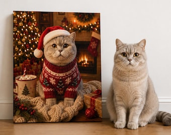 Christmas Cat Canvas Wall Art Cozy Winter Holiday Poster, Fluffy Tabby Ugly Sweater Print, Festive Cat Lover Gift, Warm Fireplace Home Decor