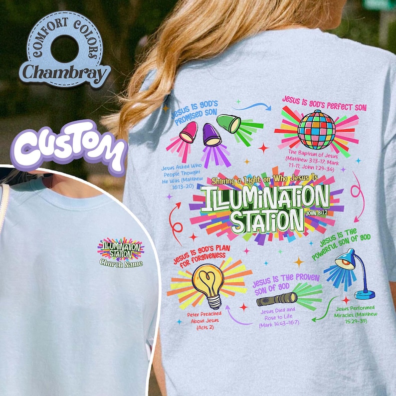 May include: Light blue t-shirt with the text "ILLUMINATION STATION" and various religious graphics. The shirt features phrases like "Jesus is God's Promised Son" and "Jesus is God's Perfect Son."