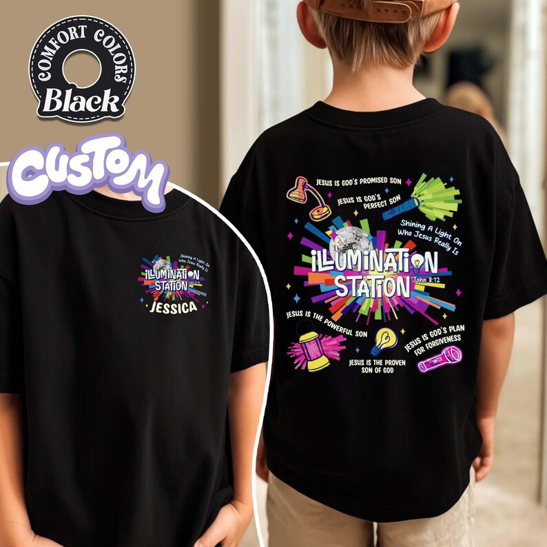 May include: Black t-shirt with the text "ILLUMINATION STATION" and "JESSICA" on the front. The back of the shirt features the text "JESUS IS GOD'S PROMISED SON" and other religious phrases with colorful graphics.