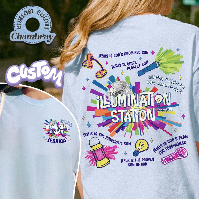 May include: Light blue t-shirt with the text "ILLUMINATION STATION" and various graphics including a disco ball, lamp, and flashlight. The shirt also features the text "JESUS IS GOD'S PROMISED SON" and "JESUS IS GOD'S PLAN FOR FORGIVENESS".