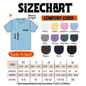 May include: A size chart for a youth t-shirt, with measurements in inches and centimeters. The chart includes shirt length and width, with sizes ranging from XS to XL. Colors include white, butter, blossom, chambray, grey, orchid, blue jean, denim, pepper, navy, and black.
