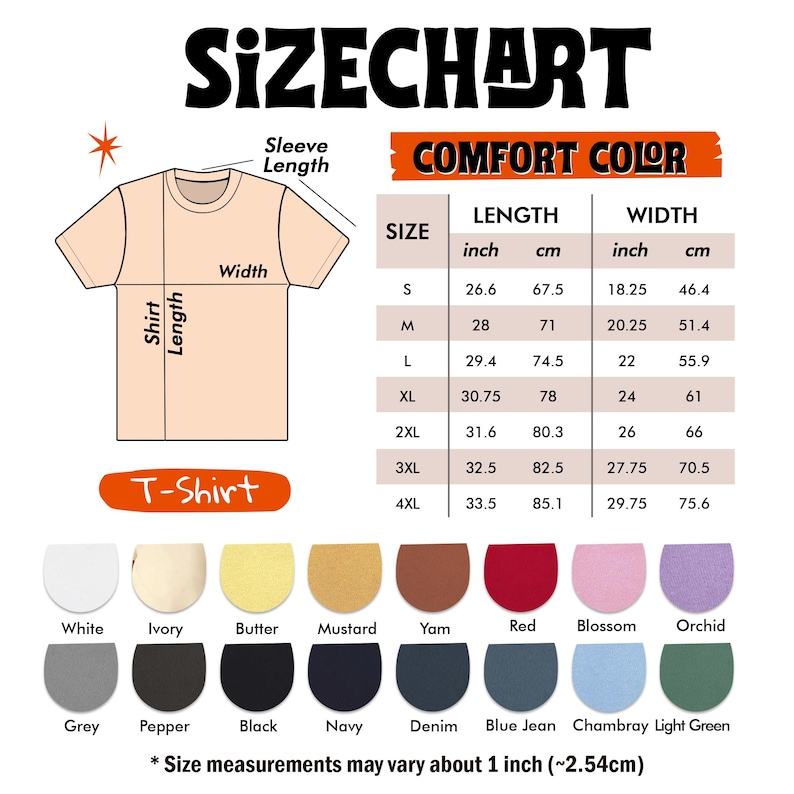 May include: A size chart for a T-shirt, displaying measurements in inches and centimeters. The chart includes sizes S to 4XL, with length and width dimensions. Color options are also shown, including white, ivory, and black.