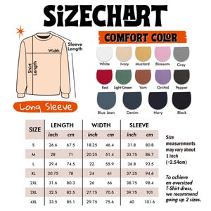 May include: Size chart for a long sleeve shirt, including length, width, and sleeve measurements in inches and centimeters. Features a color palette with options like white, red, and navy. Includes a note about sizing for oversized T-shirt dresses.