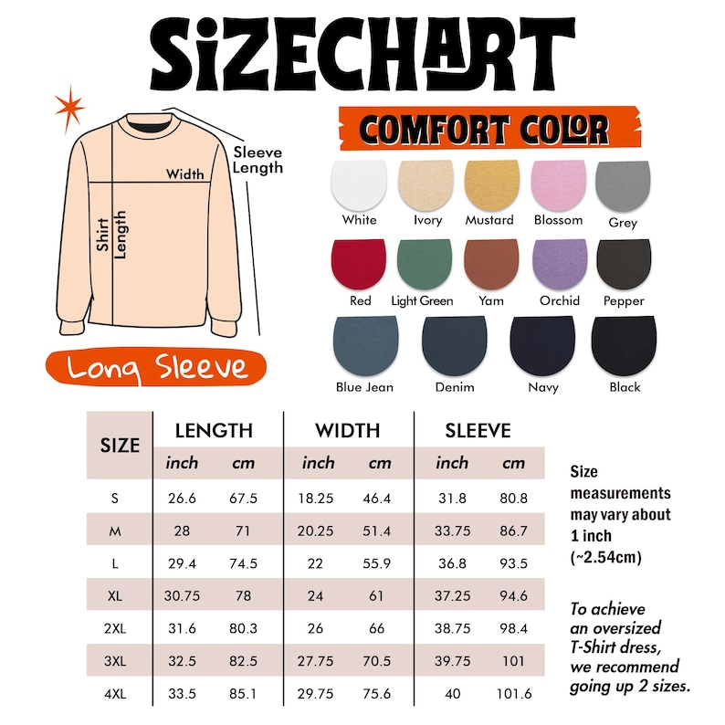May include: Size chart for a long sleeve shirt, including length, width, and sleeve measurements in inches and centimeters. Features a color palette with options like white, red, and navy. Includes a note about sizing for oversized T-shirt dresses.