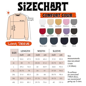 May include: Size chart for a long sleeve shirt, featuring measurements in inches and centimeters. Includes length, width, and sleeve dimensions for sizes S to 4XL. Also shows a color palette with options like white, red, and black.