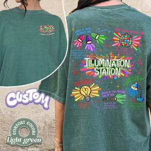 May include: Light green t-shirt with the text "ILLUMINATION STATION" on the front and back. The back of the shirt has colorful graphics and text, including "Jesus Is God's Promised Son" and "Shining a Light on Who Jesus Is."