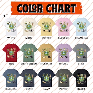 May include: A colour chart shows t-shirts in various colours, such as white, ivory, butter, blossom, and chambray. Each shirt has a graphic design with the text "Rainforest Falls". Other colours include red, light green, mustard, orchid, grey, blue jean, denim, navy, pepper, and black.