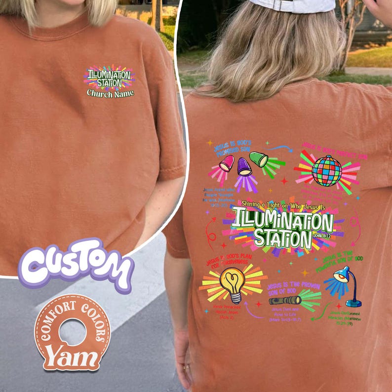 May include: A burnt orange t-shirt with the text "ILLUMINATION STATION" and "Church Name" on the front. The back features colorful graphics, including a disco ball, spotlights, and a lightbulb, with the text "Shining a Light on Who Jesus Is".