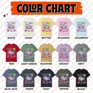 May include: A color chart displays a variety of t-shirts in different colors, including white, ivory, butter, blossom, chambray, red, light green, mustard, orchid, grey, blue jean, denim, navy, pepper, and black. Each shirt features a graphic design and the text "ILLUMINATION STATION".