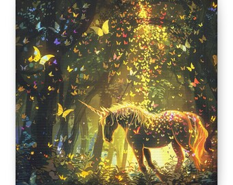 Toile d'art licorne magique : décoration d'intérieur fantaisie papillon
