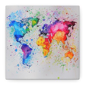 May include: A colourful watercolour painting of the world map with splashes of paint in various colours on a white background.