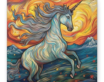 May include: A square canvas print featuring a stylized unicorn rearing up against a swirling, colorful sunset. The unicorn is primarily blue with a flowing mane and a spiraled horn. The background includes mountains and stars.