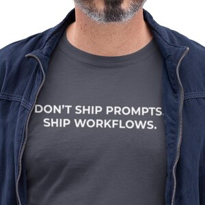 Può includere: Un uomo indossa una maglietta grigio scuro con la scritta bianca "DON'T SHIP PROMPTS. SHIP WORKFLOWS.". Indossa anche una giacca blu navy, jeans blu e occhiali. Tiene in mano un laptop argentato.