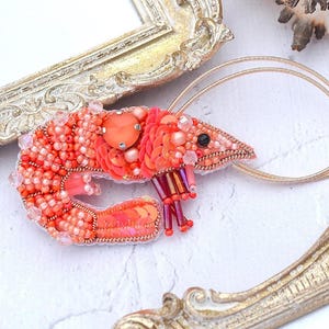 DIY Beaded Brooch Kit “Shrimp” – Embroidery Kit with Preciosa Beads, Sequins & Velvet | Handmade Jewelry Making Set