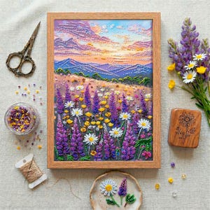 May include: A framed beaded artwork showing a field of purple lupine, white daisies, and yellow wildflowers under a sunset sky. The artwork is in a wooden frame. Craft supplies are scattered around the frame.