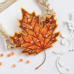 Beaded Brooch Kit &#39;Golden maple&#39; – DIY Beaded Embroidery Kit, Handmade Jewelry Kit, Beadwork Brooch, DIY Craft Gift for Jewelry Lovers