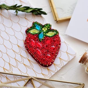 Beaded Brooch Kit &quot;Strawberry&quot; – DIY Jewelry Making Kit, Bead Embroidery Craft Kit, Handmade Brooch
