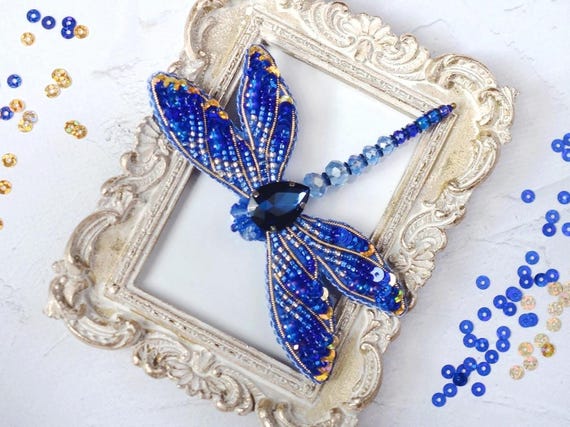 Beaded Brooch Kit 'Blue dragonfly' – DIY Beaded Embroidery Kit, Handmade Jewelry Kit, Beadwork Brooch, DIY Craft Gift for Jewelry Lovers