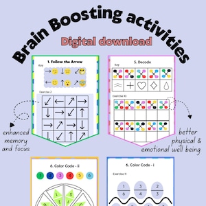 Può includere: Download digitale di attività per stimolare il cervello. L'immagine presenta esercizi colorati, tra cui il seguire le frecce, la decodifica e puzzle con codici colore. Gli esercizi sono progettati per migliorare la memoria, la concentrazione e lo sviluppo cognitivo.