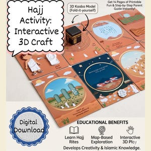 May include: An interactive 3D craft activity set for Hajj, featuring a 3D Kaaba model and illustrated cards. The set includes a digital download and educational benefits such as learning Hajj rites and interactive 3D play. The cards are in shades of brown and orange.