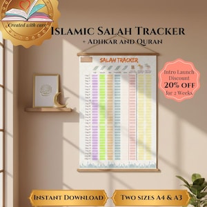 May include: An Islamic Salah Tracker poster with the text "Islamic Salah Tracker + Adhkar and Quran". The poster has a colorful design with columns for tracking prayers. The text "Instant Download" and "Two Sizes A4 & A3" are also visible.
