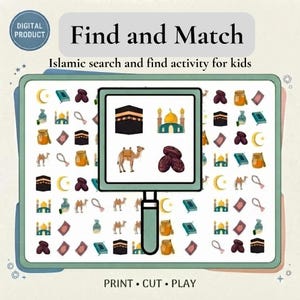 May include: A digital Find and Match activity sheet for kids featuring Islamic icons. The page displays a grid of small illustrations including the Kaaba, mosques, camels, dates, prayer beads, and books, with a magnifying glass graphic overlay.