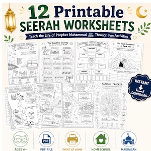Pode incluir: Uma coleção de 12 fichas de trabalho imprimíveis sobre a Seerah com ilustrações a preto e branco, atividades educativas e texto sobre a vida do Profeta Muhammad, incluindo um rastreador da Sunnah, árvore genealógica e mapas históricos.