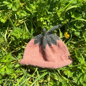 May include: A knitted baby hat in a strawberry design. The hat is primarily pink with a dark gray top and stem. The hat is lying on a bed of green grass and leaves, with a small yellow flower visible.