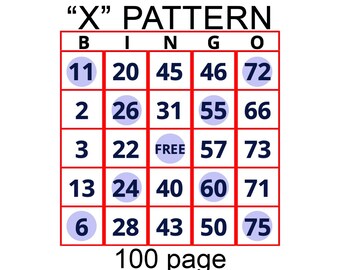 Hojas de bingo imprimibles con letra grande - Patrón X para personas mayores / PDF de 100 páginas