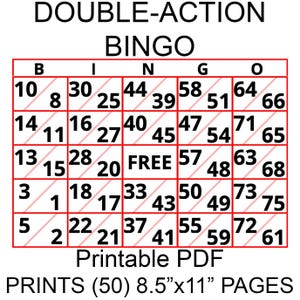 Puede incluir: Una tarjeta de bingo con las palabras "DOUBLE-ACTION BINGO" en la parte superior. La tarjeta está dividida en una cuadrícula con números y la palabra "FREE" en el centro. El texto "Printable PDF" y "PRINTS (50) 21.6cm x 28cm PÁGINAS" están en la parte inferior.