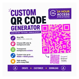Generatore di codici QR illimitato 24 ore su 24 / Colori personalizzabili, dimensioni fino a 4000px, download immediato