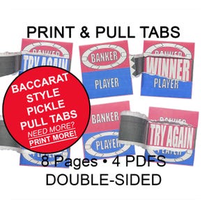 Può includere: Schede estraibili pickle in stile Baccarat stampabili con schema di colori rosso, blu e bianco. L'immagine mostra più pagine fronte-retro con le parole "Banker", "Player", "Try Again" e "Winner".