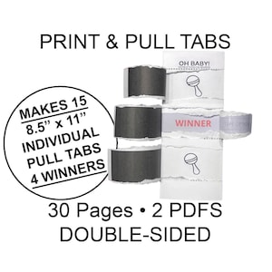 Könnte beinhalten: Ein druckbarer Satz von 15 Zieh-Tabs, jeder mit einer Größe von 21,6 cm x 27,9 cm. Die Tabs sind doppelseitig und zeigen ein Baby-Rassel-Design. Der Text "OH BABY!" und "WINNER" ist auf den Tabs sichtbar. Das Set enthält 4 Gewinner.