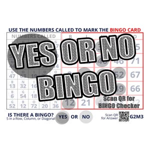 Könnte beinhalten: Eine rote und weiße Bingokarte mit den Worten "Ja oder Nein Bingo" darauf gedruckt. Die Karte enthält Zahlen von 1 bis 75 und einen QR-Code zum Scannen für einen Bingoprüfer.