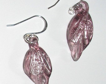 Glass Silver Foil Leaf Earrings - Plum