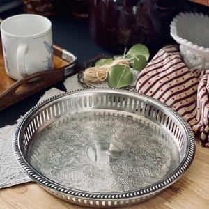 Vintage Etched Silverplate Tray: Ornate Cottagecore Serving Dish