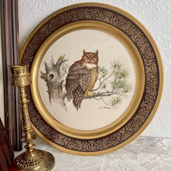 Vintage Horned Owl Plate, Pickard China, Rustic Cottagecore Wall Decor