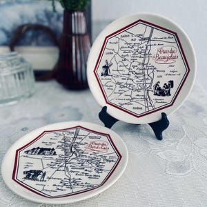 Vintage French Wine Region Set of 2, Crémant/Bordeaux & Beaujolais Map Plates