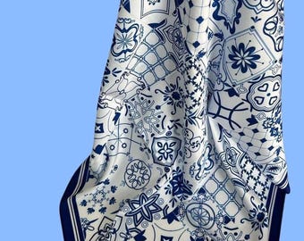 Portuguese Azulejo Silk Scarf, Blue White Tile Art, Cultural Heritage Accessory